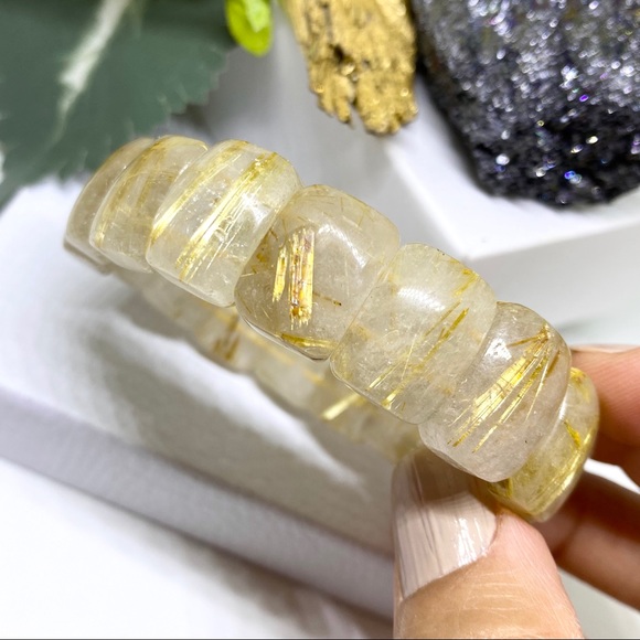 Semi Precious Golden Rutile Quartz Gemstone Crystal Bracelet - Picture 12 of 16
